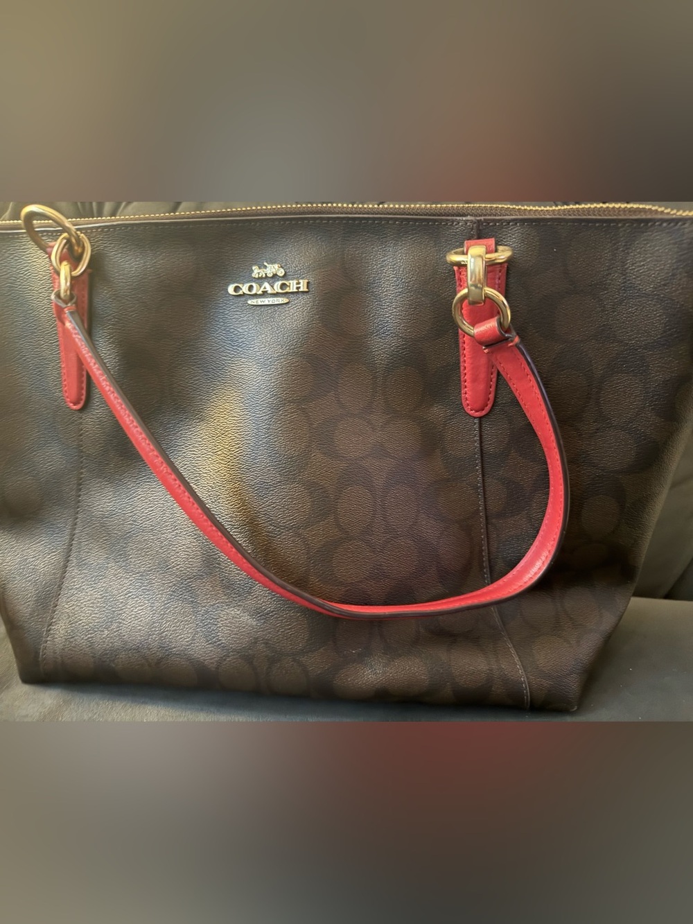 Coach Brown Signature Tote with Red Leather Straps